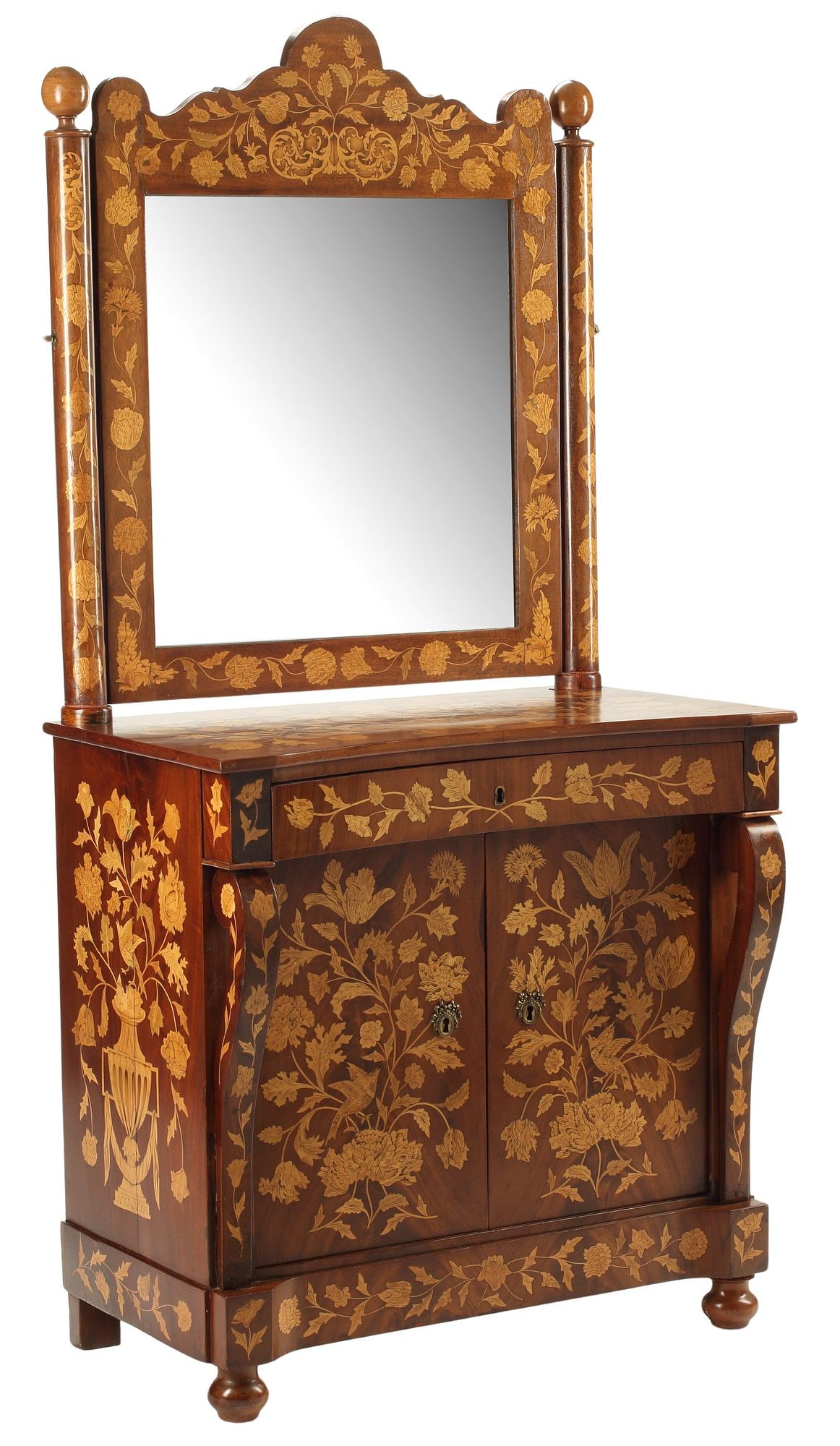 DUTCH MARQUETRY MIRRORED VANITY / DRESSING CHEST: Dutch inlaid vanity/ dressing chest, late 19th c., having shaped frame encasing flat mirror plate, above single drawer and dual cabinet doors, with urns and floral marquetry motifs, rising on rounded