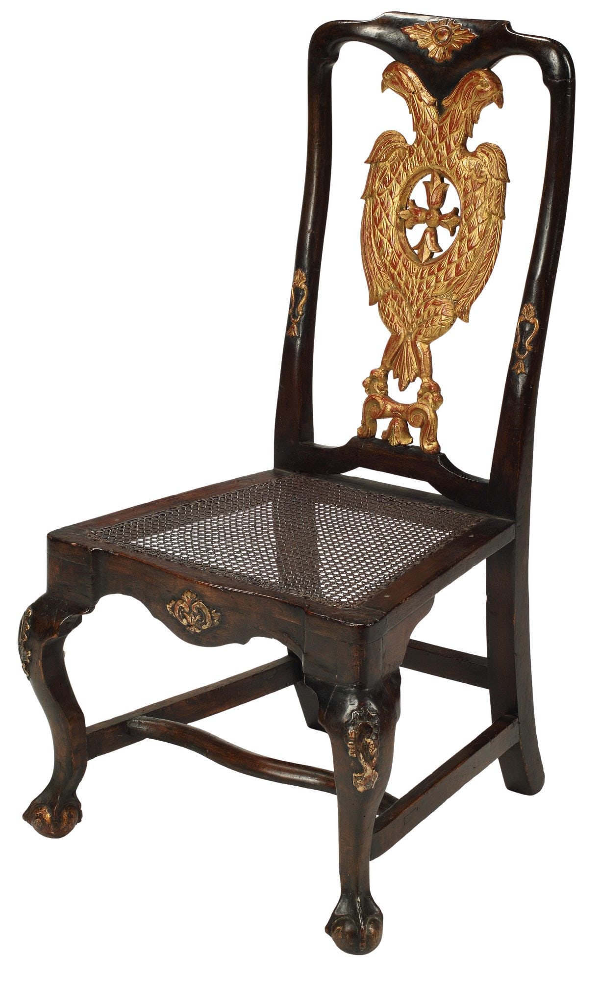 PORTUGUESE PARCEL GILT DOUBLE EAGLE MOTIF CANED SIDE CHAIR: Portuguese parcel gilt carved wood side chair, late 18th c., having pierced splat with double eagle motif, over caned seat, rising on front cabriole legs, ending on claw-and-ball feet, approx 37&