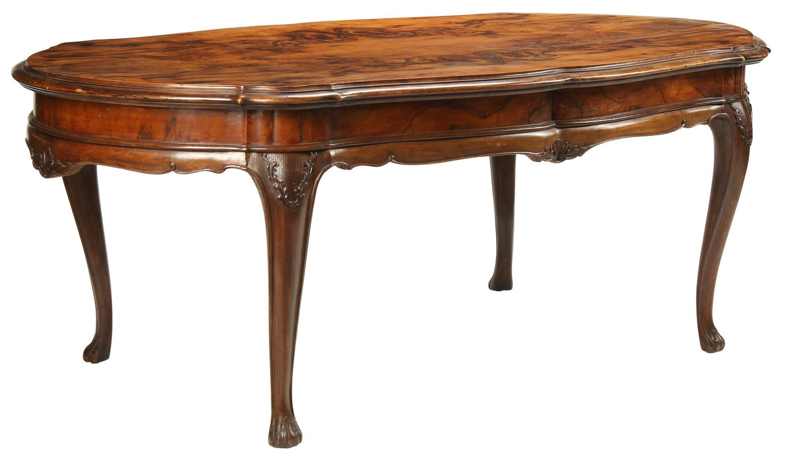 ITALIAN ROCOCO STYLE FIGURED WALNUT DINING TABLE, 81.5"L (1 of 5)