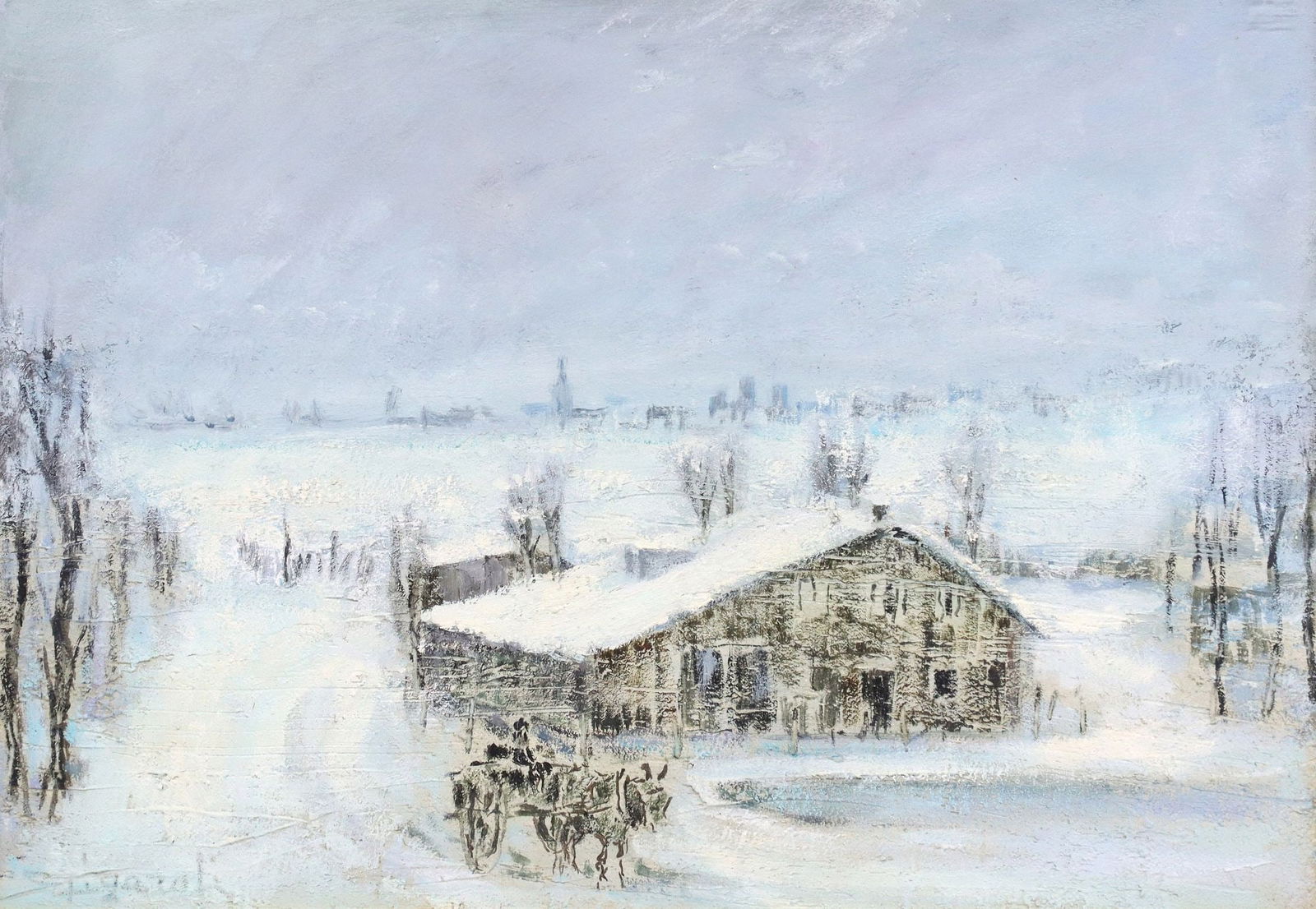 ITALIAN SCHOOL MIXED MEDIA PAINTING, WINTER COTTAGE LANDSCAPE (1 of 4)