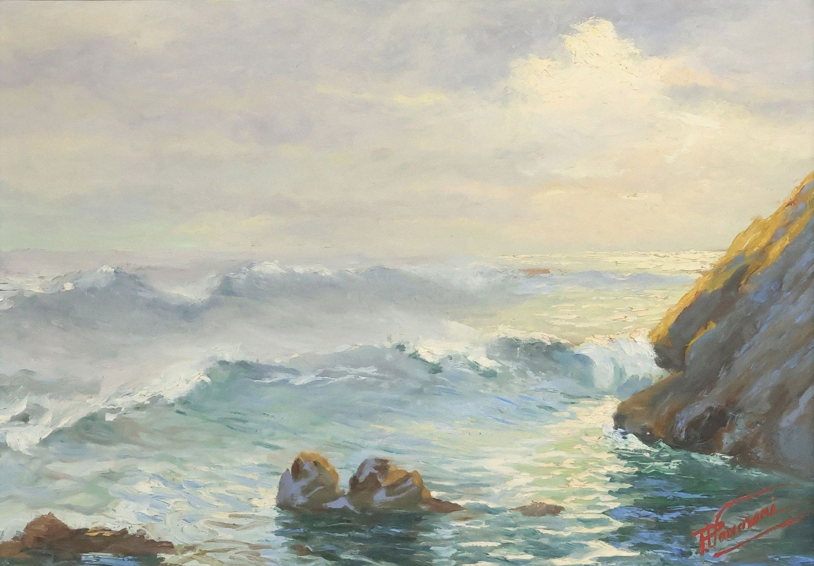 SIGNED P. VACCARONI ITALIAN SCHOOL SEASCAPE PAINTING, 20" X 28" (1 of 4)