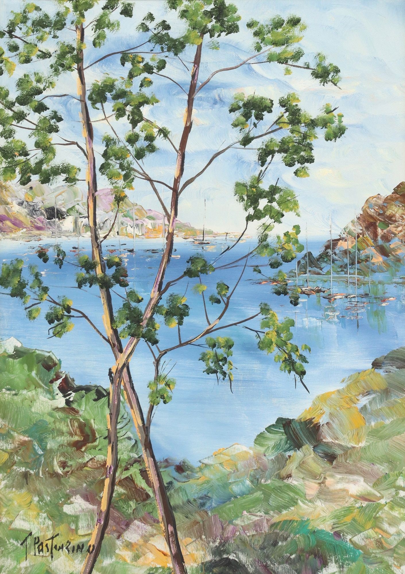 TERESIO PASTORINO (20TH C.) PAINTING, ITALIAN SHORELINE, 28" X 19.5": Framed Italian School oil on canvas painting, Shoreline with Sailboats, signed lower left T. Pastorino (Teresio Pastorino, Italian, 20th c.), titled illegibly at verso, sight: approx 26.5"h, 19&q