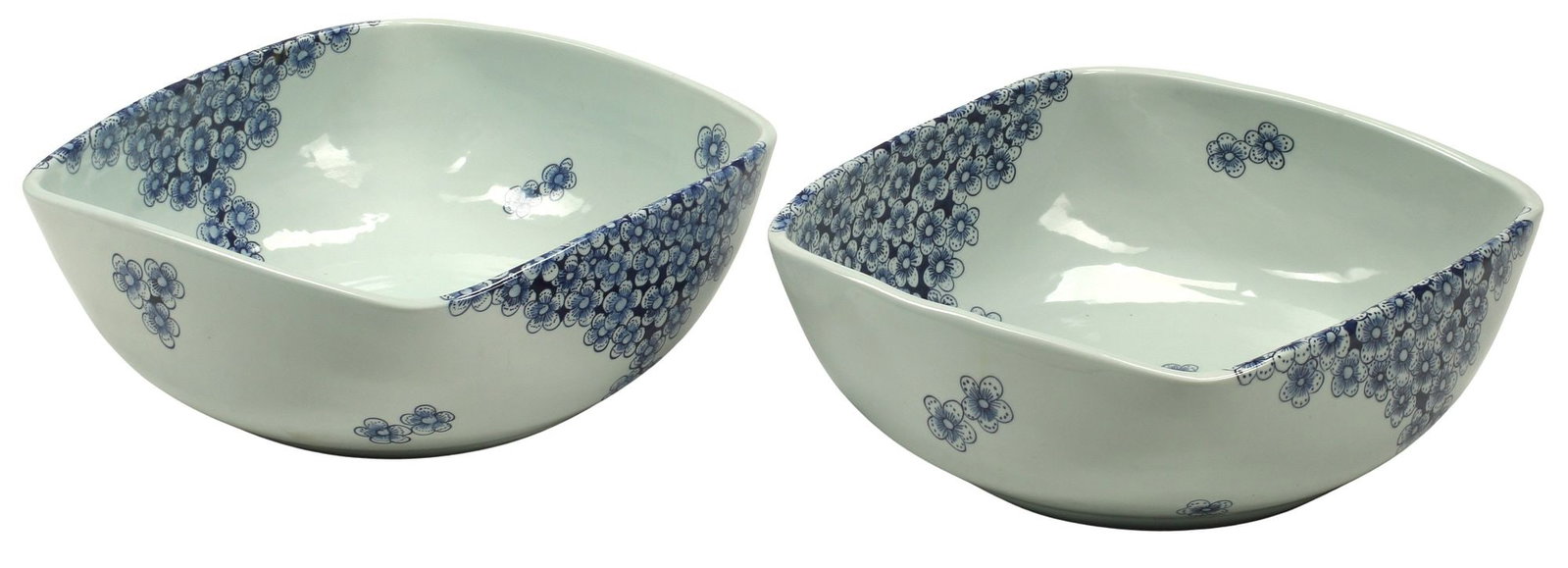 (2) LARGE CHINESE BLUE & WHITE PORCELAIN SQUARE BOWLS: (pair) Chinese blue and white porcelain square bowls, decorated with plum blossoms, approx 7.1/8"h, 17.5"w, 18"d, 56.75lbs total