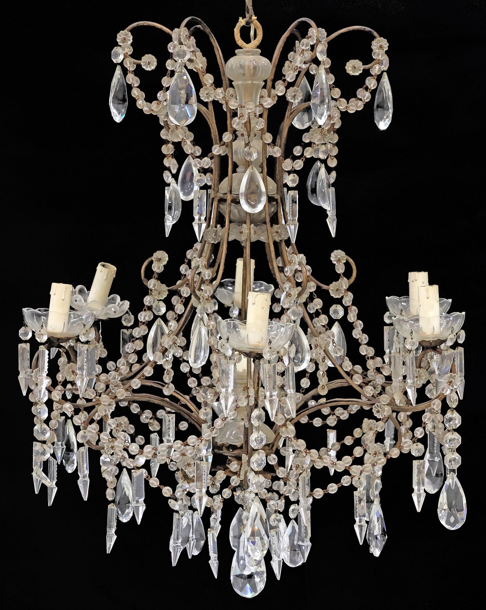 ITALIAN GILT METAL & CRYSTAL 7-LT CHANDELIER: Italian gilt metal and crystal seven-light chandelier, 20th c., having fluted and turned central glass standard, over scrolled metal frame hung with crystal-beaded garland, floriform bobeche adorned w