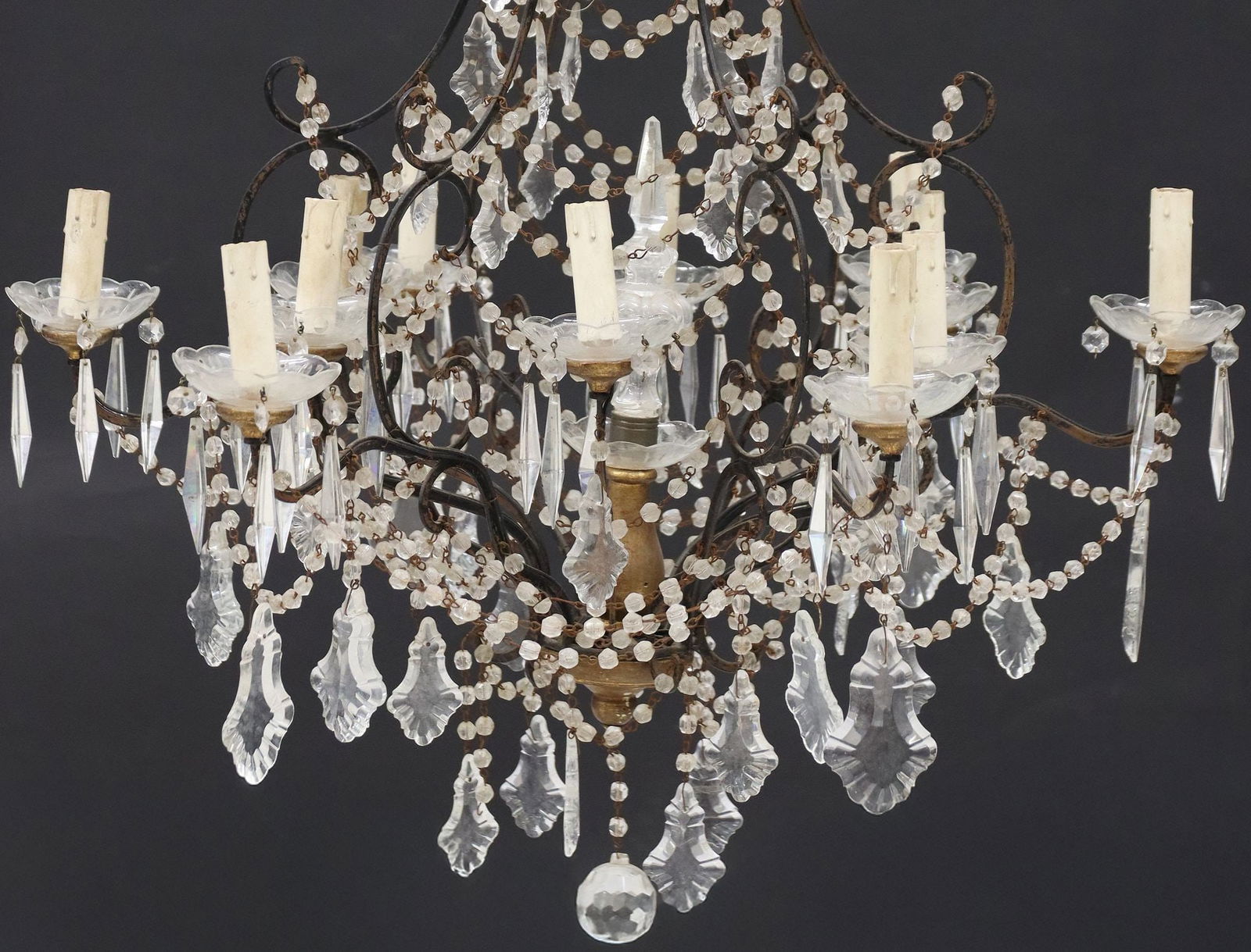 ITALIAN IRON-FRAMED GILTWOOD & CRYSTAL 12-LT CHANDELIER (1 of 5)