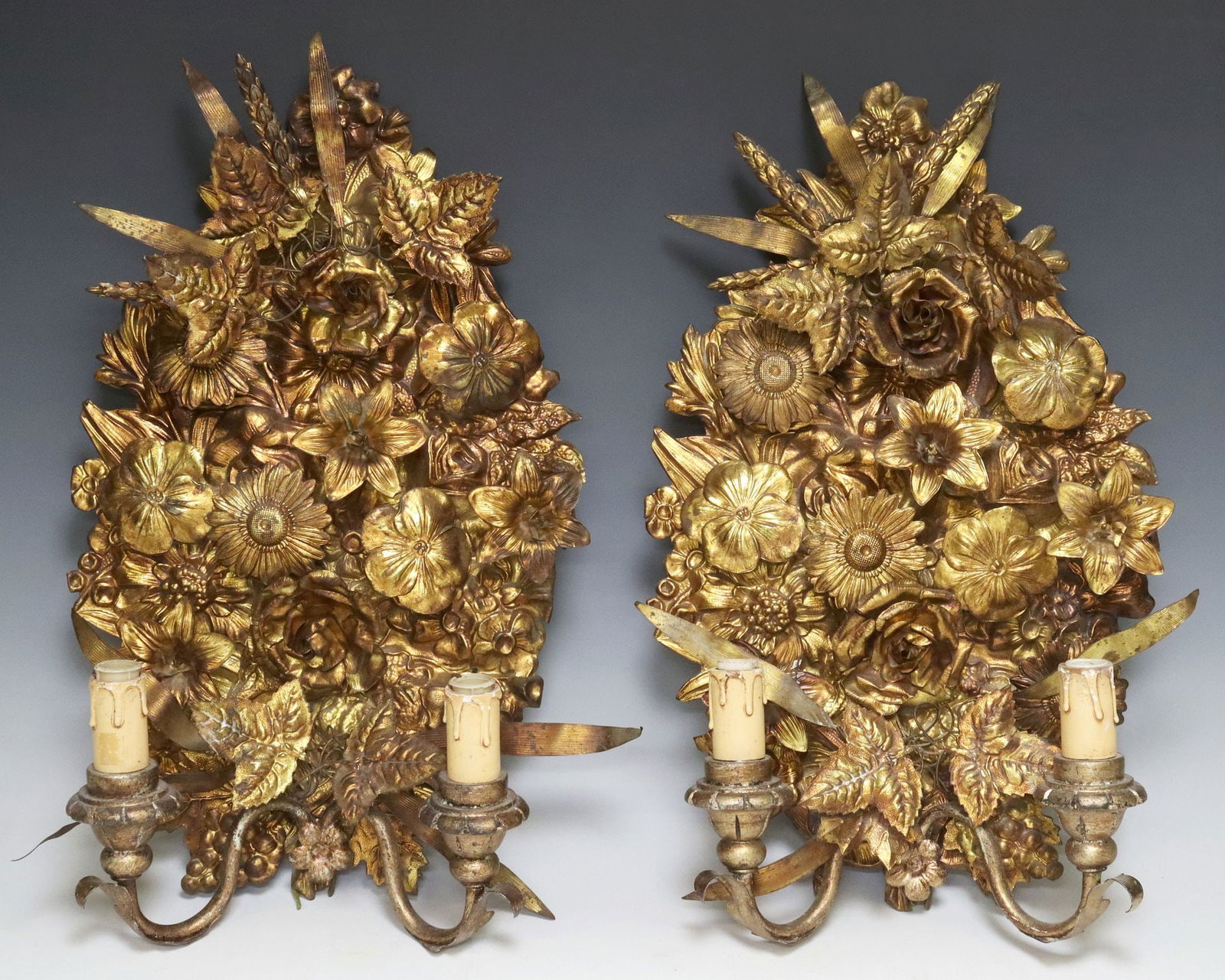 (2) ITALIAN REPOUSSE GILT METAL FLORAL 2-LIGHT WALL SCONCES (1 of 4)