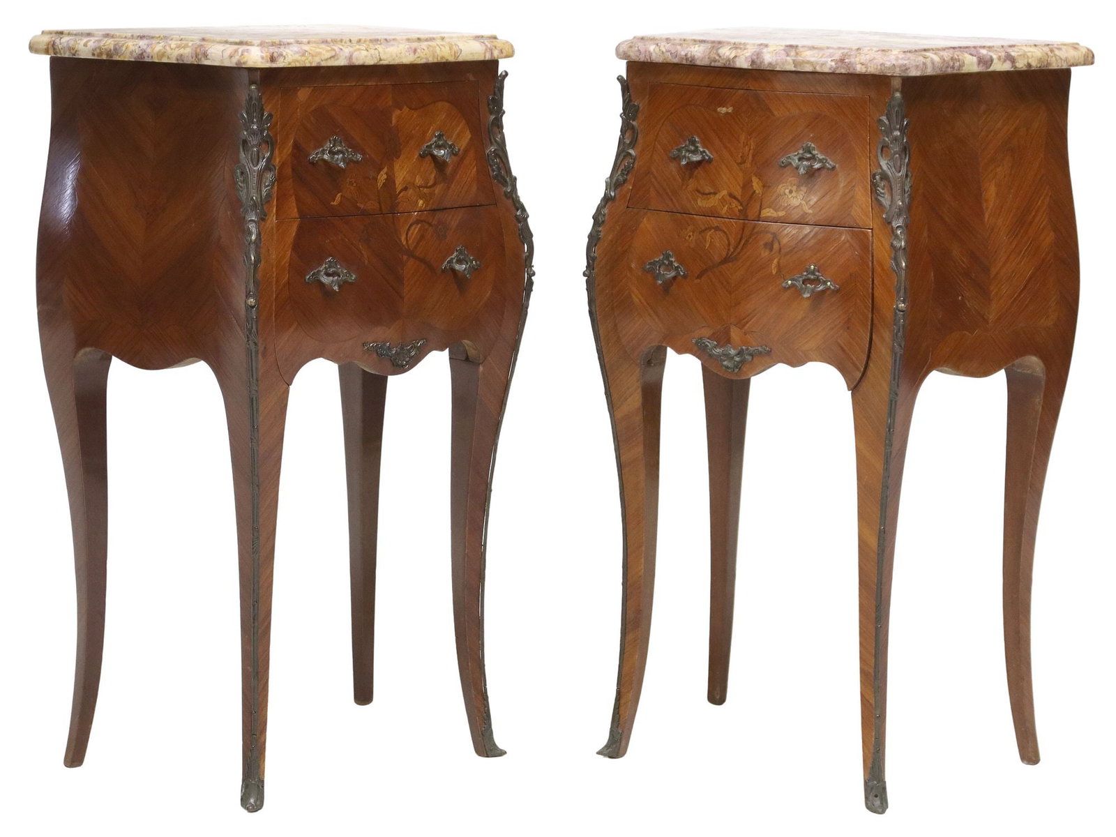 (2) FRENCH LOUIS XV STYLE MARBLE-TOP MARQUETRY NIGHTSTANDS: (pair) French Louis XV style matched veneer nightstands, 20th c., each having shaped marble top, over two drawers, with floral marquetry motifs, rising on cabriole legs, ending on sabots, approx 29&qu
