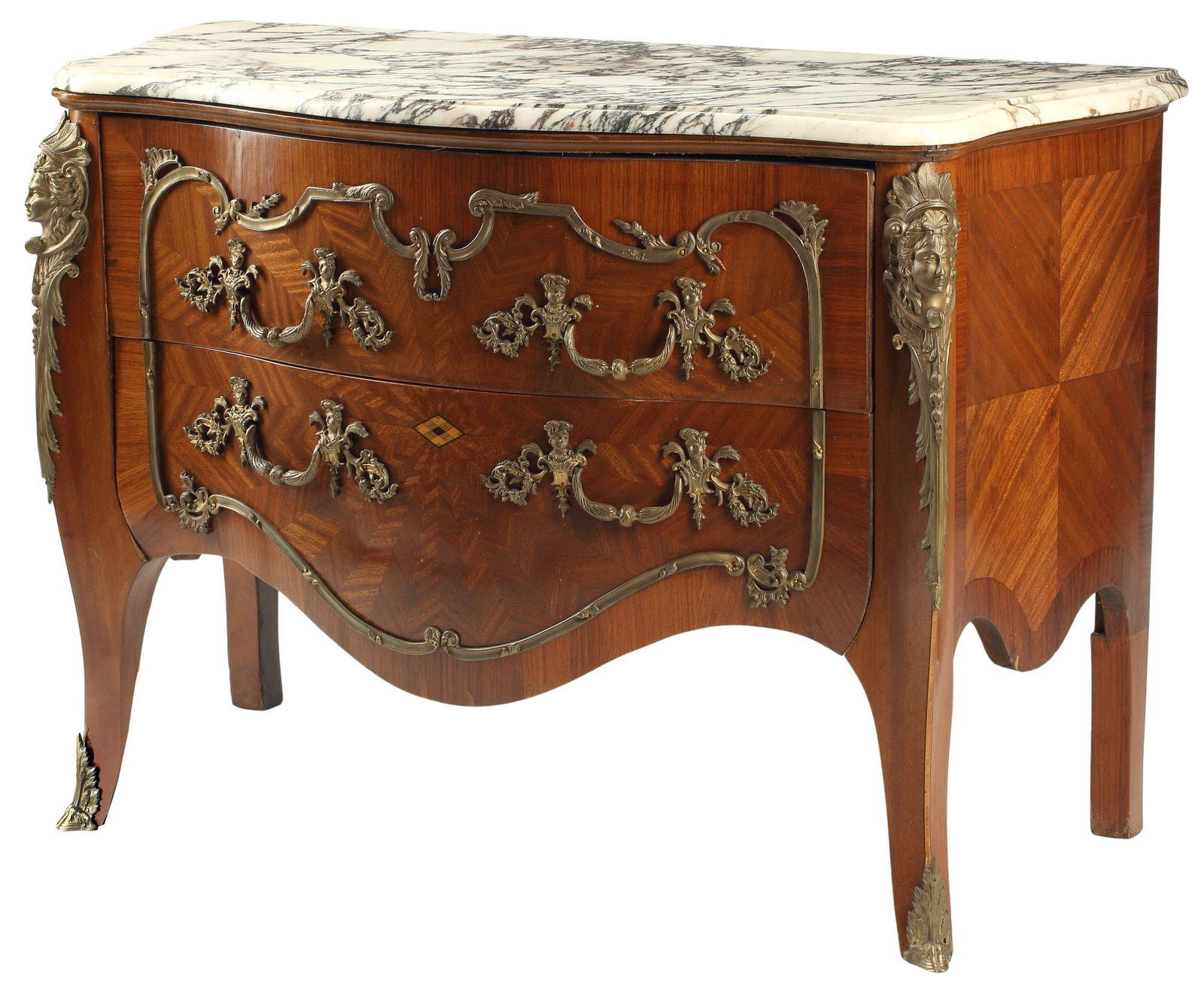 LOUIS XV STYLE MARBLE-TOP & ORMOLU-MOUNTED PARQUETRY COMMODE (1 of 4)