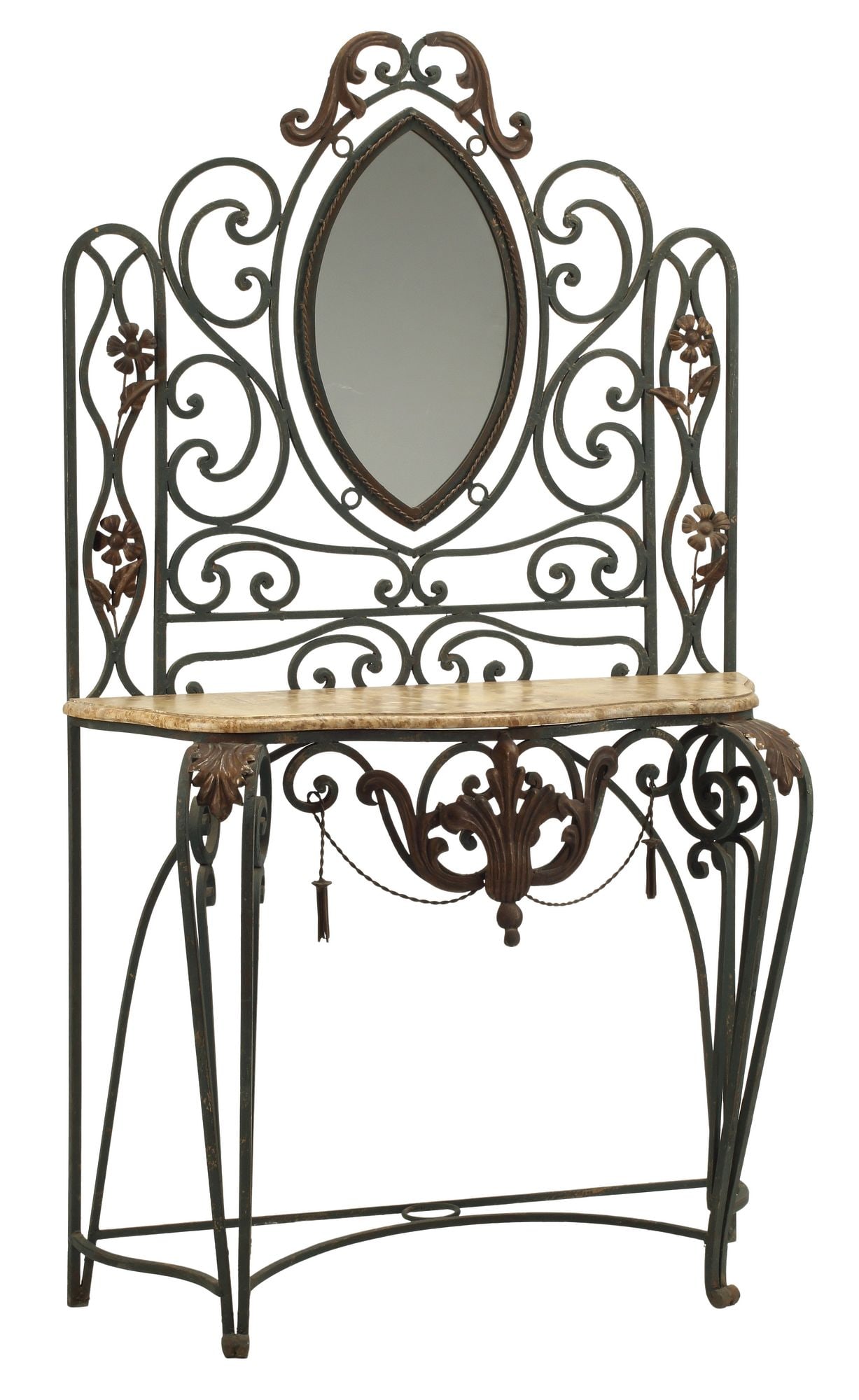 (2) WROUGHT IRON & MARBLEIZED TOP VANITY TABLE & MIRROR (1 of 5)