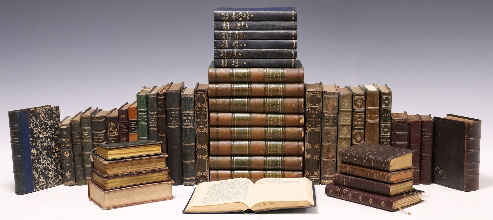 (47) FRENCH LEATHER-BOUND LIBRARY SHELF BOOKS, MANY MACROMINIATURES (1 of 2)