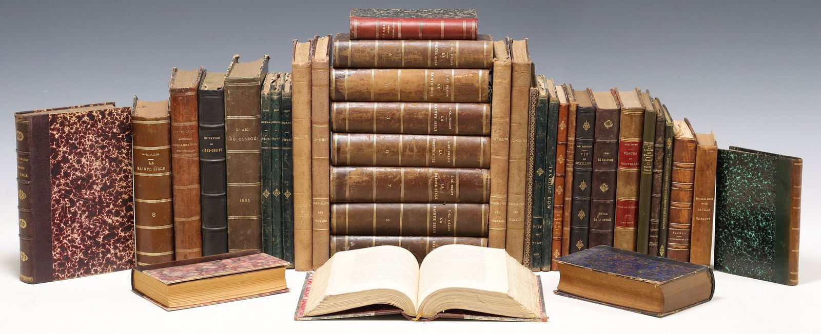 (37) FRENCH LEATHER-BOUND LIBRARY SHELF BOOKS, RELIGIOUS SUBJECTS (1 of 2)