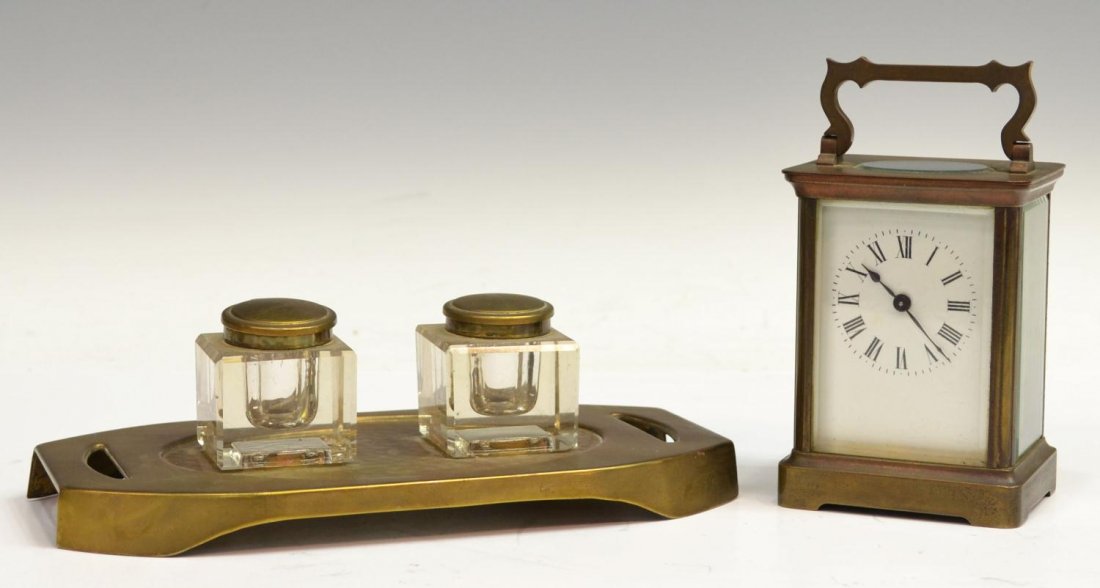 (2) FRENCH CARRIAGE CLOCK & GERMAN DOUBLE INKWELL: (lot of 2) Continental brass desk items, comprising: (1) French brass cased carriage clock, beveled glass windows, the face having roman numerals, works marked 'R & Co., Made in Paris', retaining key,