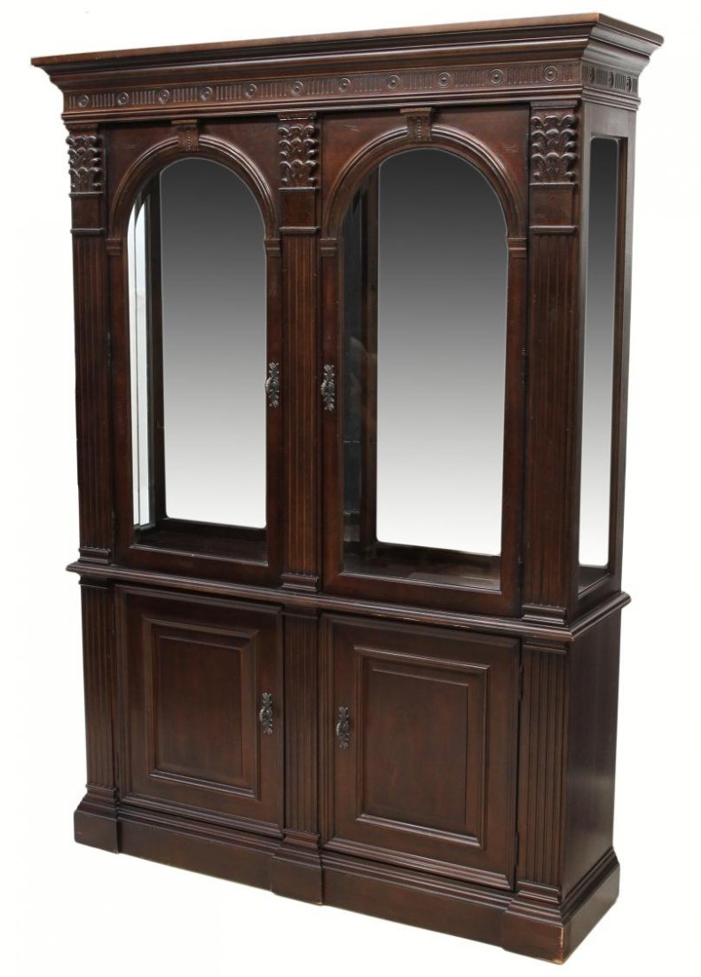 BERNHARDT MIRRORED DISPLAY CABINET: Formal china cabinet, Bernhardt Furniture Company, North Carolina, a stepped cornice over two beveled glass doors opening to the lighted mirror back interior with glass shelves, two lower doors with s