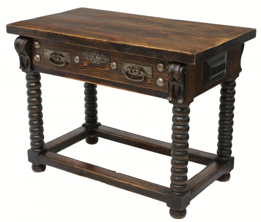 ANTIQUE RUSTIC SPANISH WORK TABLE: Rustic pine work table, Spain, 19th c., a rectangular top over a single frieze drawer with iron pulls and decoration, raised on four spool legs joined by block stretchers, 31"h, 14.5"w, 23.5"d Start P