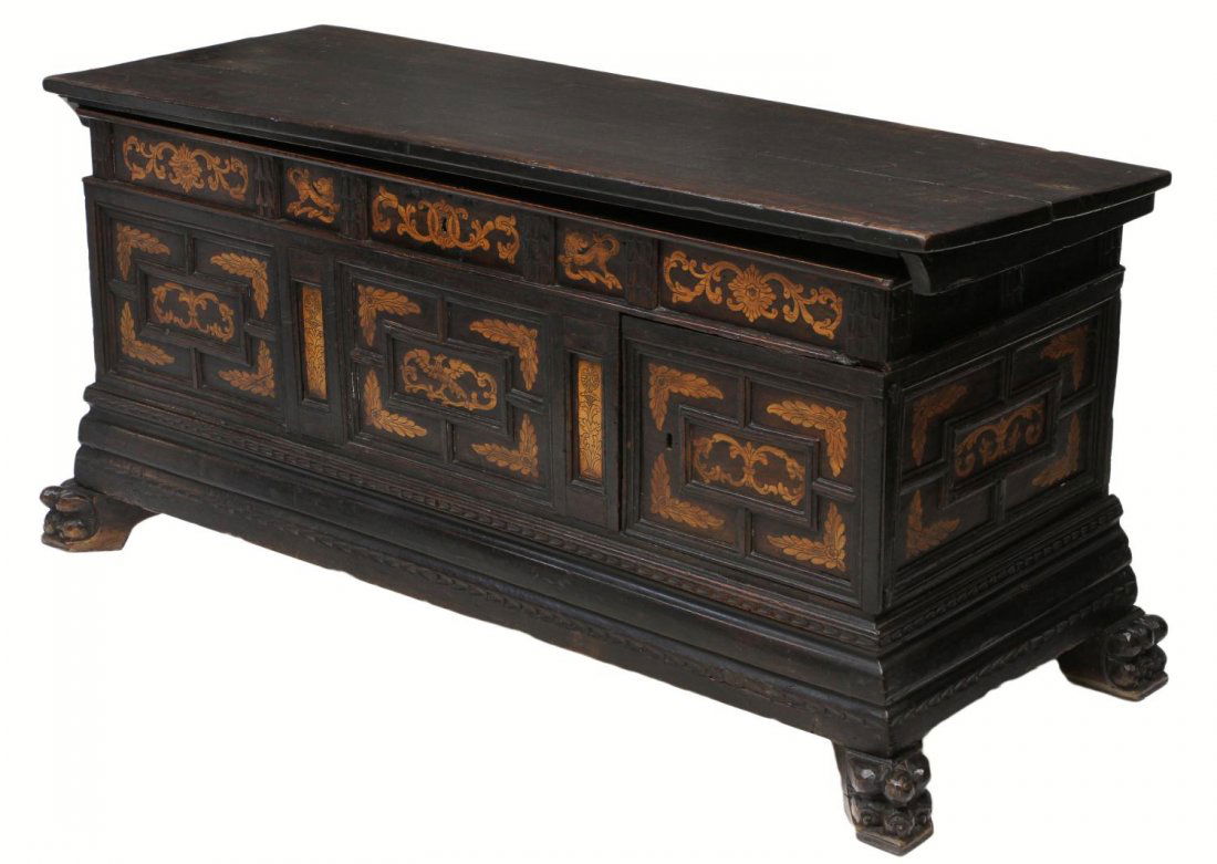 SPANISH FOLIATE & EAGLE INLAID FITTED TRUNK: Spanish Baroque carved storage trunk, 18th c., the front and side case with contrasting wood color foliate inlay, the lid of rectangular form lifts to reveal inlaid eagles and foliage on its' verso si