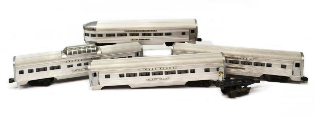 (4) GROUP OF VINTAGE LIONEL LINES MODEL TRAIN CARS: (lot of 4) Group of Lionel Lines model train cars, comprising: (1) 2531 Silver Bluff caboose; (1) 2532 Silver Range Vista Dome Observation car; (1) 2533 Silver Cloud Pullman car; (1) 2534 Silver Bluff
