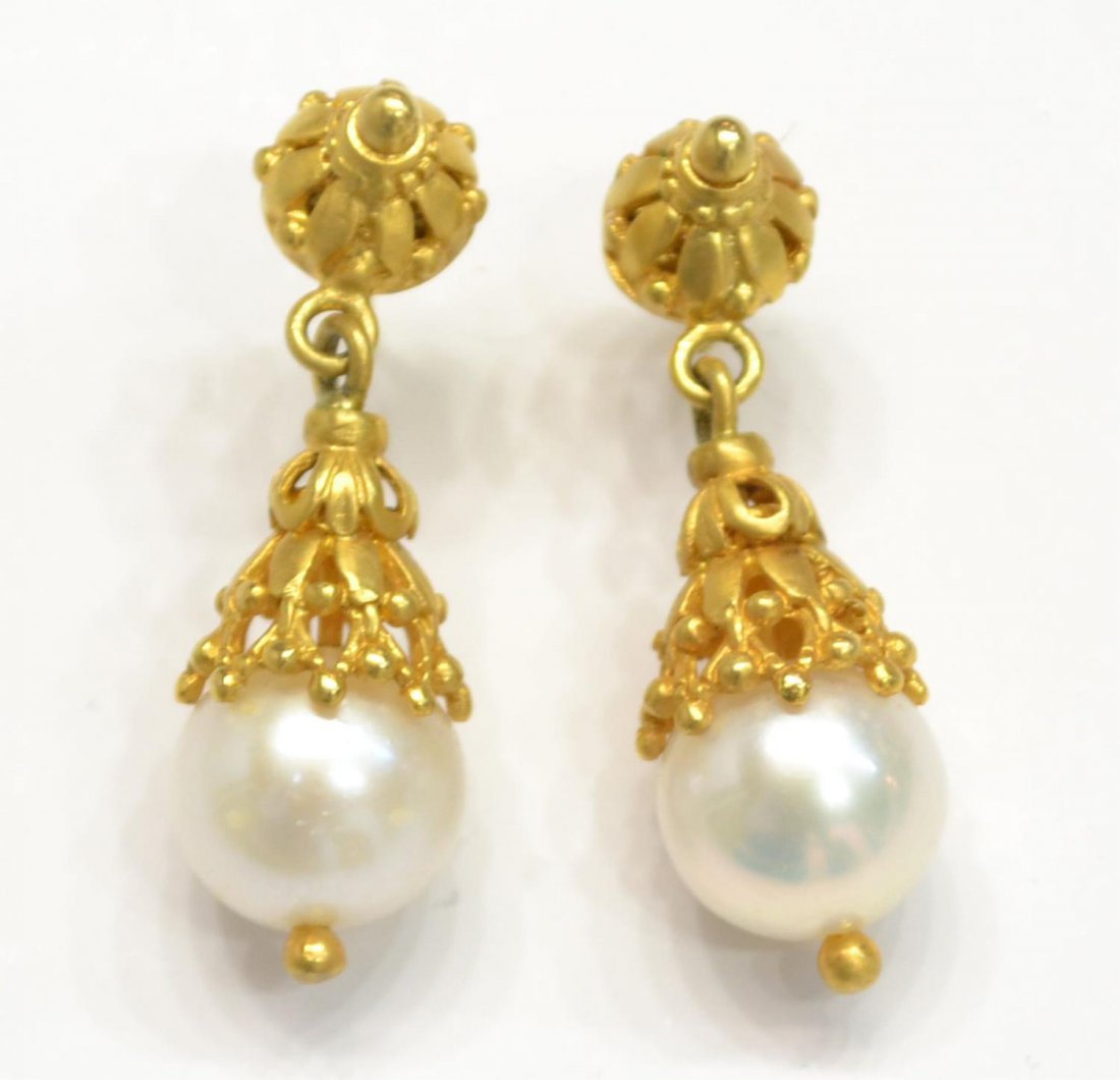 KONSTANTINO 18KT GOLD, STERLING & PEARL EARRINGS: (pair) Designer Konstantino pearl dangle earrings for pierced ears, 18kt gold over sterling silver fittings, marked K 750, 925, added backs, 1"l, 8grams (all inclusive) Start Price: $100.00