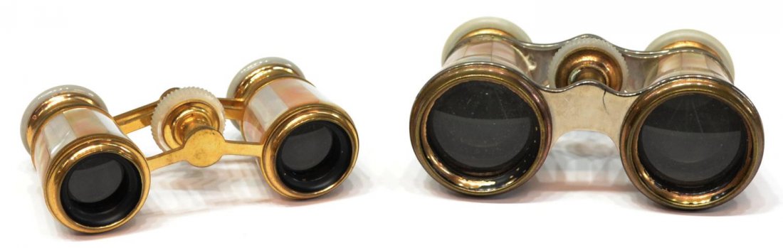 (2) ANTIQUE FRENCH MOTHER-OF-PEARL OPERA GLASSES: (lot of 2) Antique French mother-of-pearl opera glasses, the larger Chevalier, Paris, the smaller with gilt metal frame by Jumelle Carpentier, largest: 4"w, 2.5"d, 1.25lbs total Start Price: $50.00