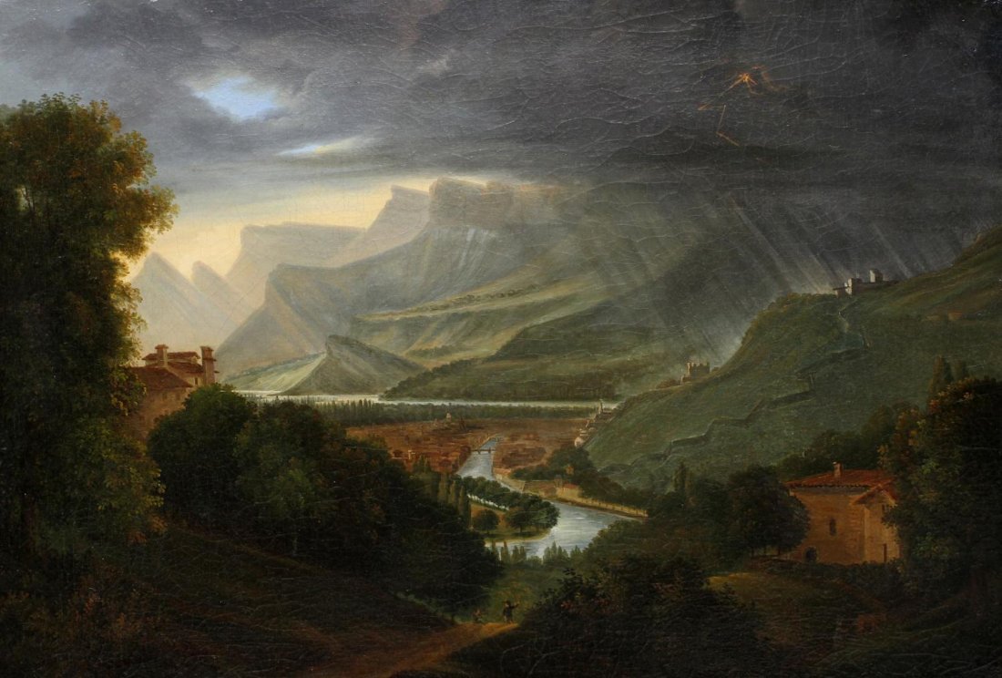 PAINTING, MOUNTAINOUS LANDSCAPE, ITALY, 19TH C.: Framed oil painting on canvas relaid on canvas, Mountainous Landscape in Lightning Storm, Italian school, 19th c., not signed, restoration, cracklure, sight: 18.75"h, 27.25"w, overall: 26.5"h, 35.25"w
