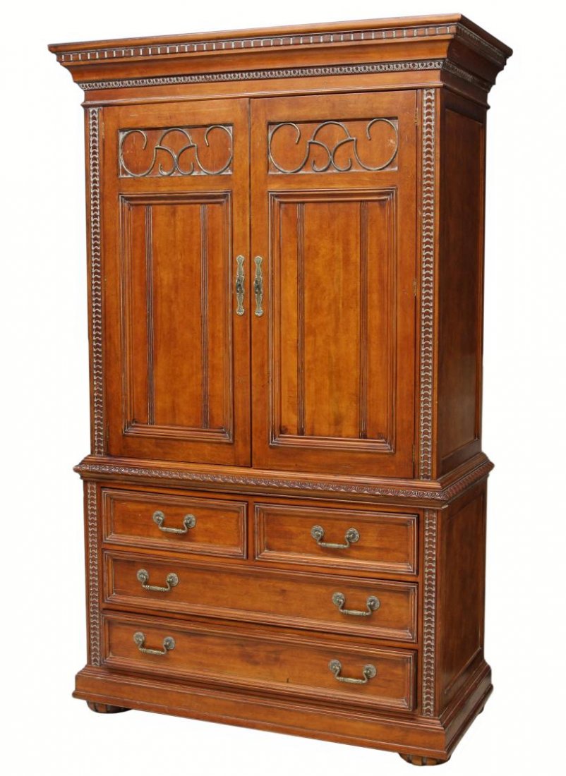 HICKORY WHITE BOOKCASE TELEVISION CABINET: Bookcase / television two part cabinet by Hickory White Furniture Company, North Carolina, a stepped cornice over the upper paneled doors opening to adjustable and removable shelve, the lower cabinet