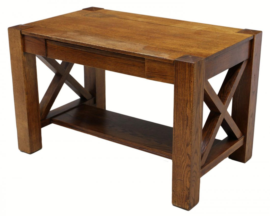 AMERICAN OAK ARTS & CRAFTS LIBRARY TABLE DESK: American Arts and Crafts oak desk, c. 1910, rectangular top over a single drawer having a lift top writing surface opening to storage, pen and inkwell holder, all set on block legs joined at two sides