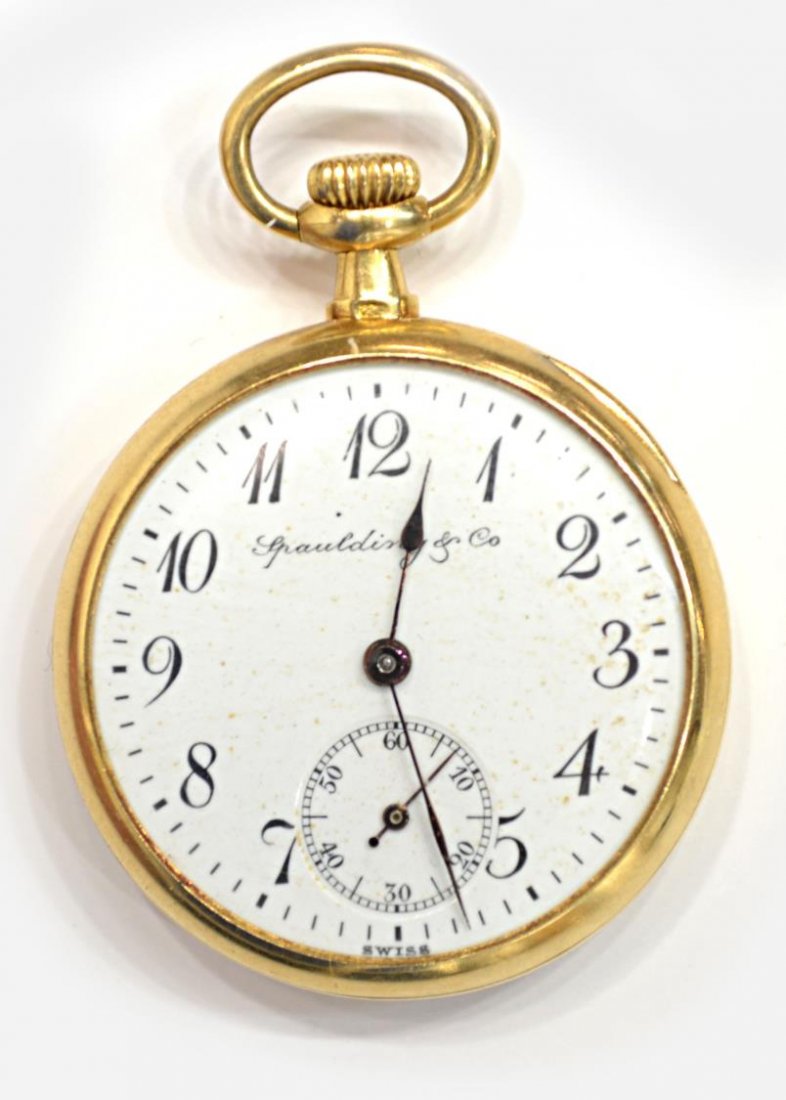 LADIES 18KT GOLD SPAULDING SWISS POCKET WATCH: Ladies Spaulding & Company Chicago pocket watch, by Longines W. Company, Switzerland, 18kt yellow gold case, white dial with Arabic numerals and second hand subdial, 17 jewels, three adjustments, SN 2