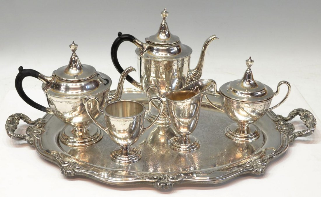 (6) REED & BARTON & VICTOR SILVERPLATE TEA SET: (lot of 6) A five-piece American silverplate tea and coffee service, Victor Silver Company, engraved foliate motif with beaded borders, comprising (2) kettles, (1) creamer, (1) lidded sugar, (1) waste
