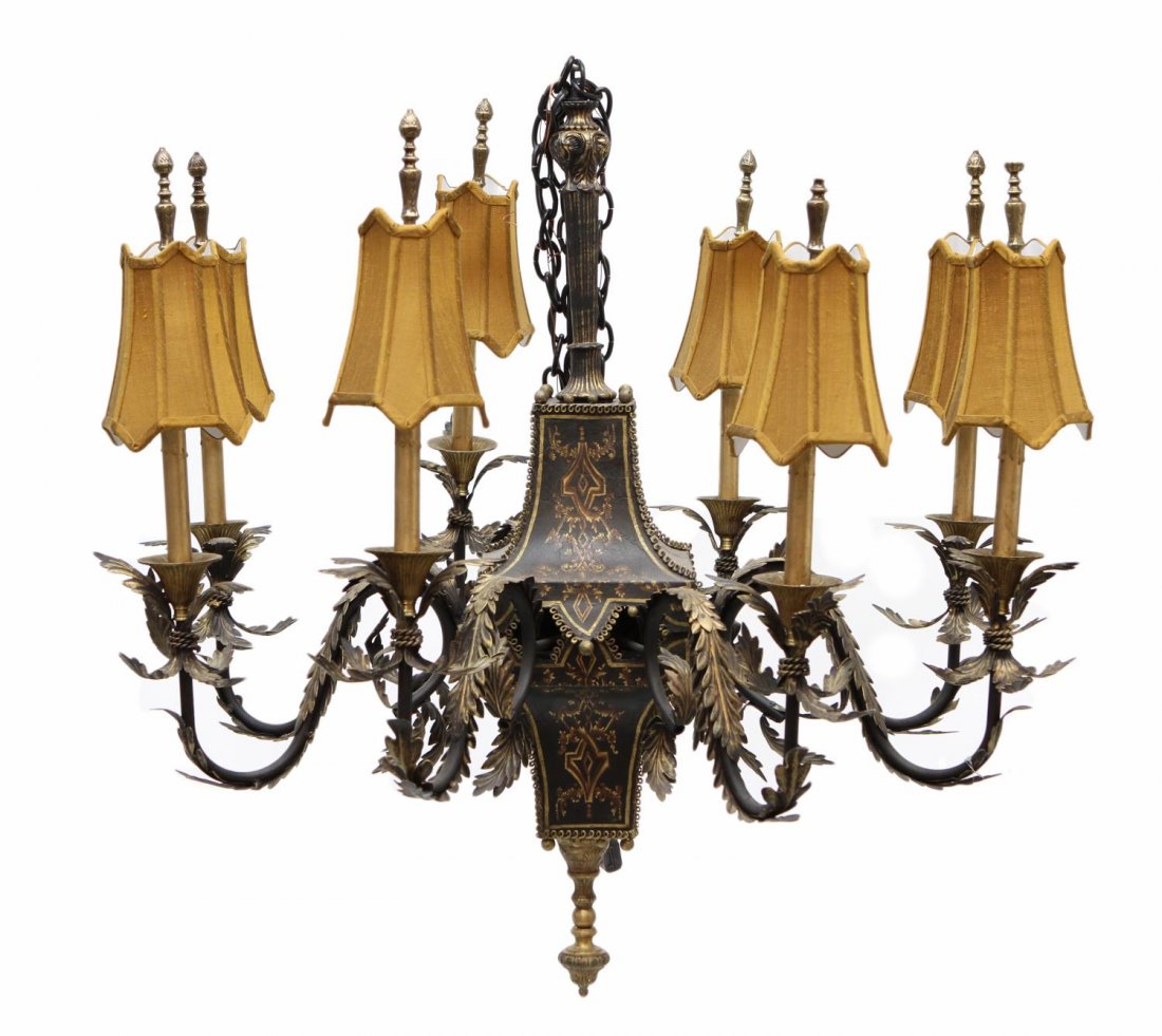 FINE EIGHT-LIGHT TOLE PAINTED CHANDELIER: Fine tole decorated eight-light chandelier, parcel gilding on a black ground, foliated arms terminate in gilded candle covers and silk shades, approx. 36"h, 39"w **Provenance: Lou's Antiques and Fine