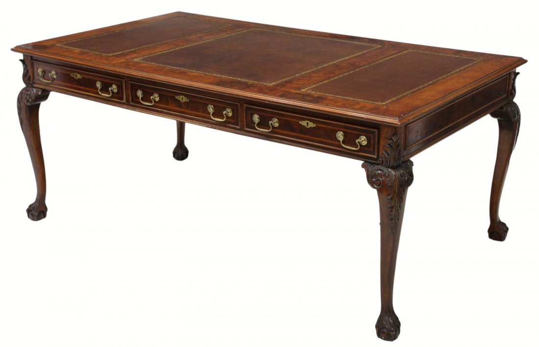 AMERICAN CHIPPENDALE STYLE PARTNERS DESK: American Chippendale style mahogany partners desk, late 20th c., the rectangular top with three inset leather writing areas, two sides with three frieze drawers, set on cabriolet legs with ball and cl