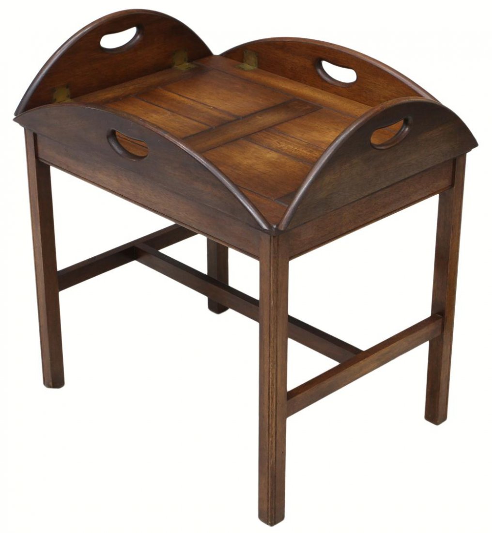 CAMPAIGN STYLE BUTLERS TRAY ON STAND: Campaign style butlers drop side tray on stand, 20th c., tray: sides down 34.5"w, 25"d, up: 6"h, 24.75"w, 19.5"d, stand: 20.25"h, 23.75"w, 17.75"d Start Price: $80.00