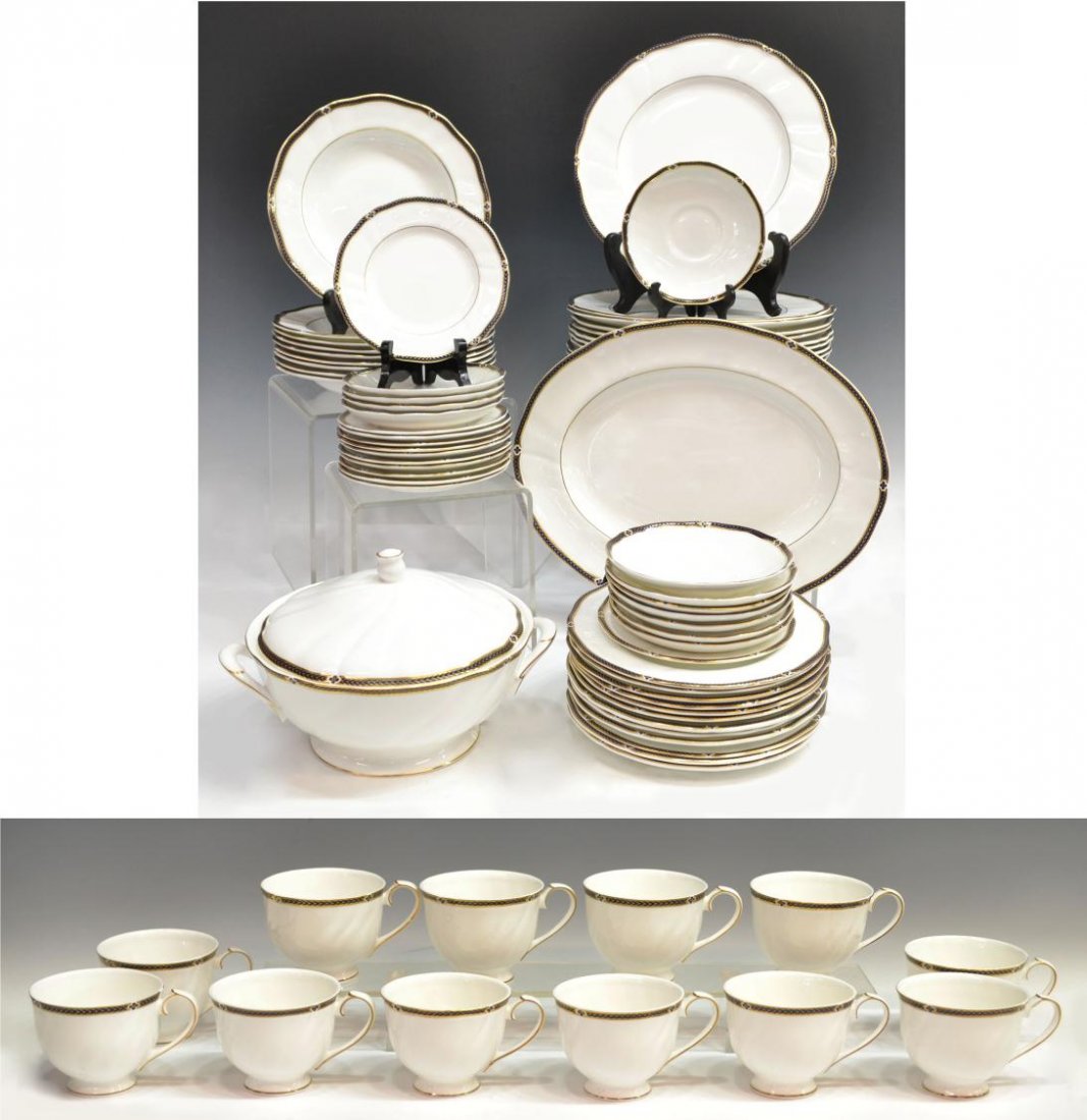 (73)WEDGWOOD ROYAL LAPIS BONE CHINA DINNER SERVICE: (set of 73) Wedgewood 'Royal Lapis' Bone China dinner service for (12), plus extras, blue floral and laurel motif on a white ground with parcel gilt accents, comprising: (14) dinner plates, 10.75"diam