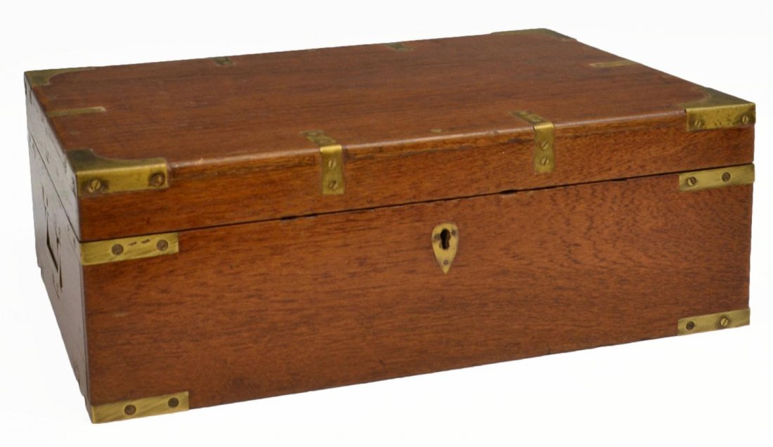 BRITISH COLONIAL BRASS BOUND CAMPAIGN BOX: British Colonial teakwood campaign box having brass bindings, c. 1900, brass inset handles, some restoration, wear, 6.25"h, 17.5"w, 11.75"w, 10.25lbs (K7538) Start Price: $80.00