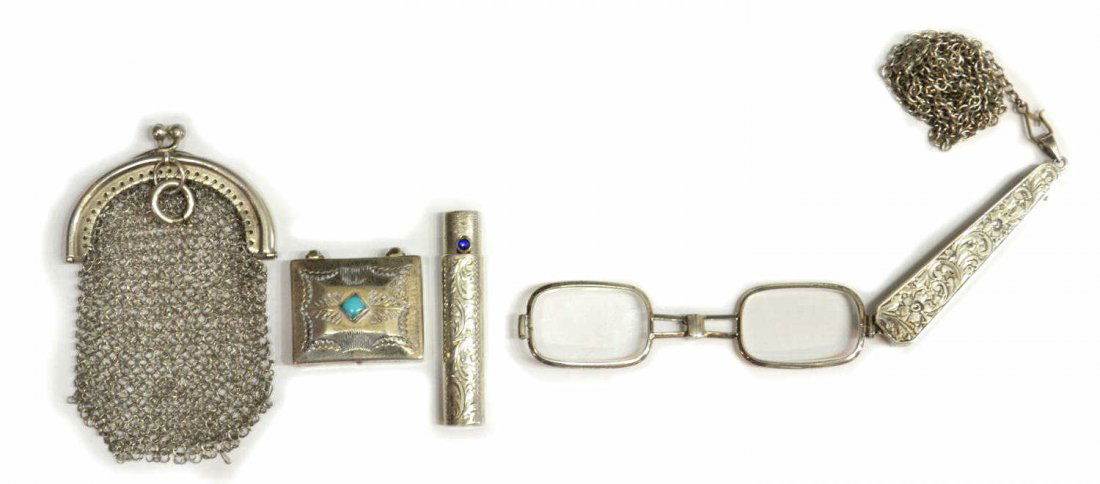 SILVER LORGNETTE, ENGRAVED BOXES, MESH PURSE: (lot of 4) Vintage silver group including: (1)silver lorgnette on a 925 silver chain, (1) Austrian 900 silver cylindrical engraved box set with blue stone, hallmarks as pictured, (1) miniature rectang