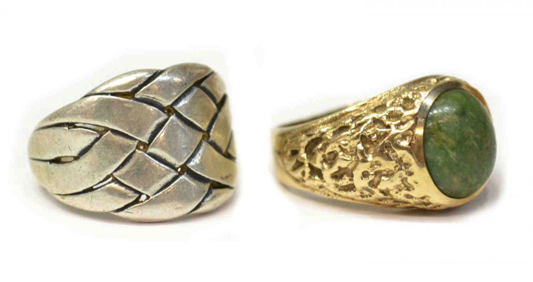 ESTATE RINGS, 10KT GOLD & JAMES AVERY STERLING: (lot of 2) Estate rings: (1) James Avery sterling silver ring in a woven motif, 10.2 grams, approx size 8.75-9; (1) 10kt gold ring, textured band sent with a central green stone cabochon, 8.5 grams (a