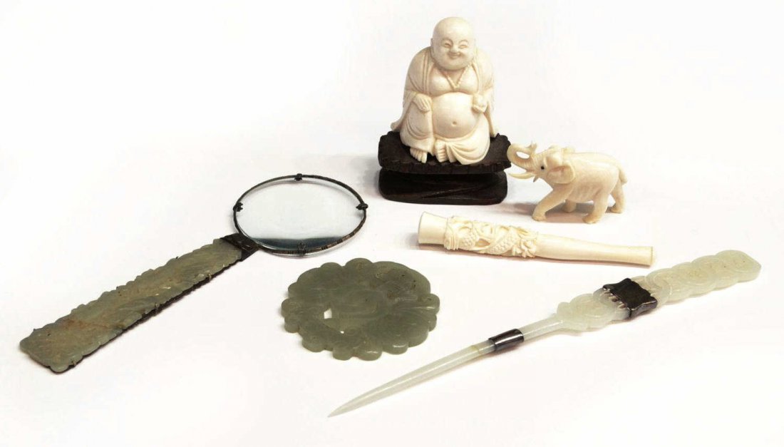 (6) CHINESE PIERCED JADE & CARVED IVORY GROUP: *This Item Will Not Be Shipped Internationally* (lot of 6) A collection of Chinese ivory and jade, comprising: (1) ivory figure of the seated Happy Buddha, on wood base, figure: 2"h; (1) ivory elephan