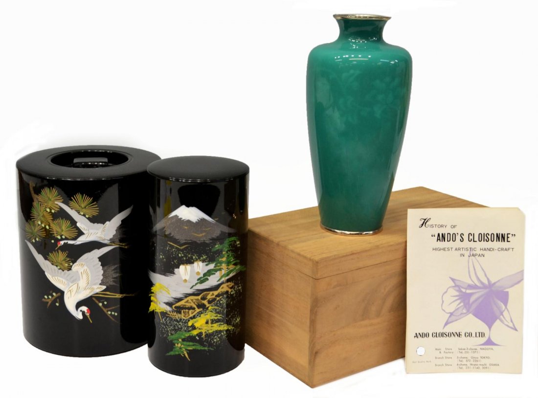 (3) JAPANESE AND CLOISONNE ENAMEL VASE & TEA TINS: (lot of 3) A cloisonne enamel vase by Ando (Ando Jubei, Japanese, 20th century), dark green ground with light green foliate motif, retaining wood original case, marked underfoot, 7"h; together with (2
