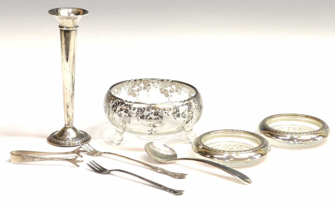 (8) STERLING & SILVER PLATE TABLEWARE: (lot of 8) Sterling and silver plate tableware, comprising: (2) glass ashtrays with sterling silver trim, 1"h, 4"diam; (1) glass bowl with sterling silver scrolled foliate overlay, rising on three fee