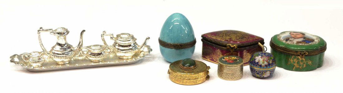 (12) MINATURES, LIMOGES BOXES, SILVER PLATE SET: (lot of 12) Collection of miniatures, including a (5pc) silver plate tea and coffee set on tray, (2) French, Limoges porcelain boxes, each having metal mountings, one centering a depiction of Napoleon