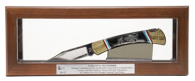 DAVID YELLOWHORSE NAVAJO CUSTOM NFR RODEO 2005 KNIFE, 'COWBOY UP'
