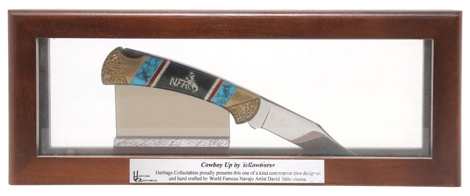 DAVID YELLOWHORSE NAVAJO CUSTOM NFR RODEO KNIFE, 'COWBOY UP': David Yellowhorse, Navajo/ Dine, "Cowboy Up" unique custom single blade folding knife, numbered 1/ 1, 3" blade with engraved Yellowhorse signature, marked Buck 112 E U.S.A. to reverse, 