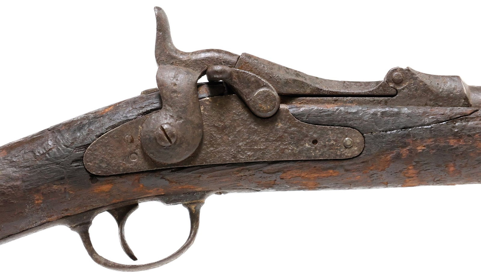 DUG RELIC SPRINGFIELD TRAPDOOR CARBINE: Springfield Model 1873 Trapdoor Carbine, 45-70 caliber appears as a 'dug" relic, 22" barrel with blade front sight, single barrel band, rear sight will not open, no markings visible at b