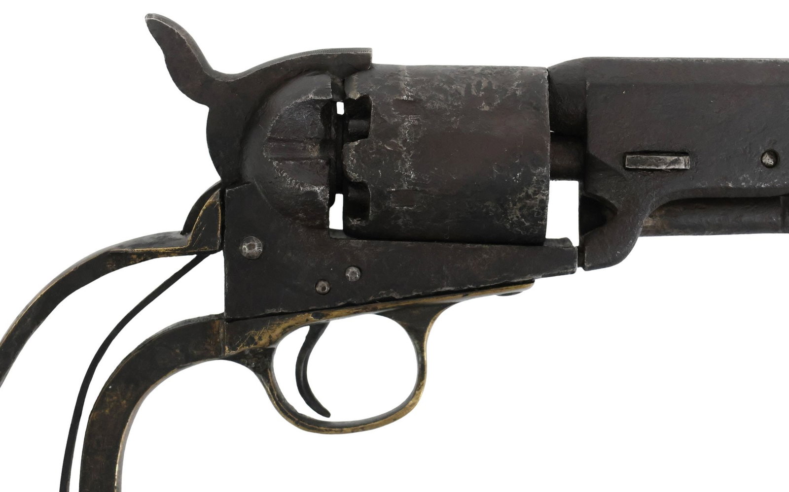 COLT DUG RELIC MODEL 1851 NAVY: Model 1851 Navy Colt Revolver, a dug relic, .36 caliber, 7.5" octagonal barrel, bead front sight, only a portion of address is visible at the barrel top, six round cylinder with no visible scene,