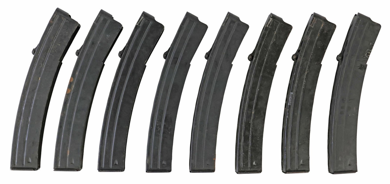 (8) STERLING 9MM CURVED STEEL MAGAZINES, RESTRICTED SHIPPING: (lot of 8) Sterling 9mm curved Steel Magazines, Used, each marked "Magazine Sterling 9mm 34 Rds", with patents information *Note: Capacity make these magazines prohibited in 