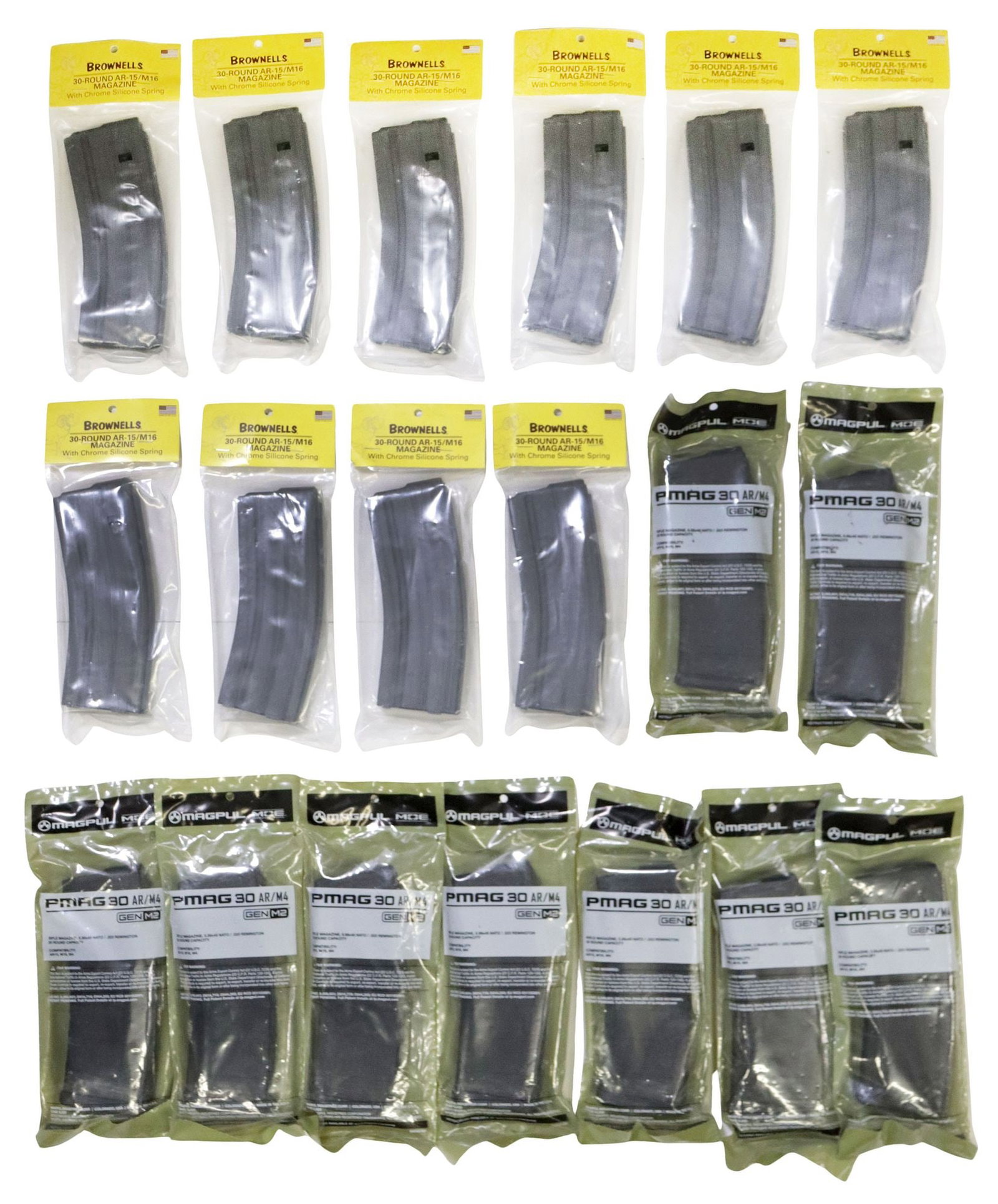 (19) AR-15 MAGAZINES, MAGPUL & BROWNELL, RESTRICTED SHIPPING: (lot of 19) AR-15 / M16 Caliber Magazines, New in packaging: (10) 30 round Brownell, aluminum; (9) 30 round Magpul, PMAG 30 AR/M4, Gen M2, for shipping each 7.5" x 2.5" x 1", total