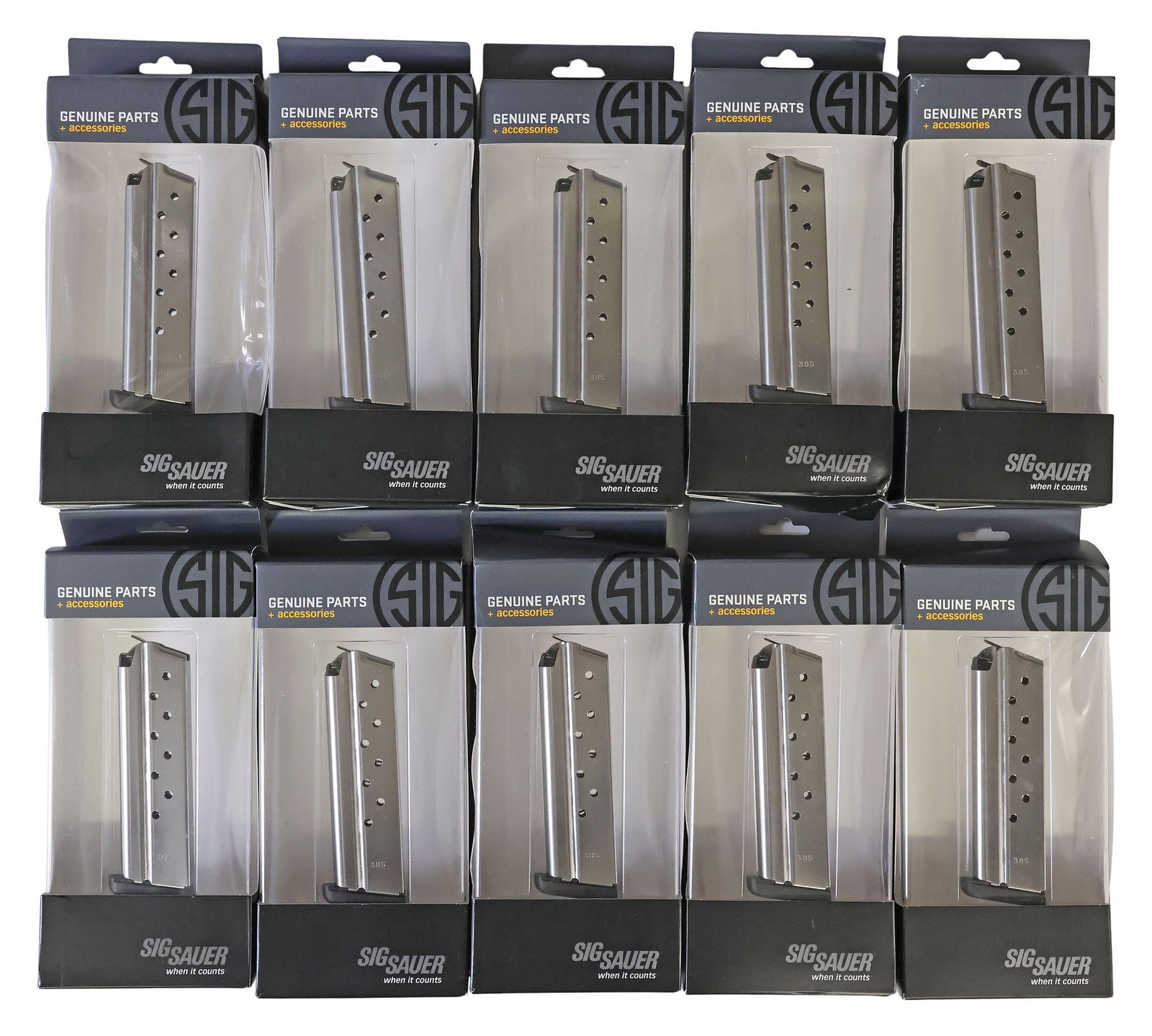 (12) SIG SAUER 1911 MAGAZINES, .38 SUPER, NEW IN BOX, RESTRICTED SHIPPING: (lot of 10) Sig Sauer 1911 .38 Super Caliber 9 round magazines, new in boxes, for shipping each approx. 9.25" x 4" x 1.75", total of all 2.65lbs