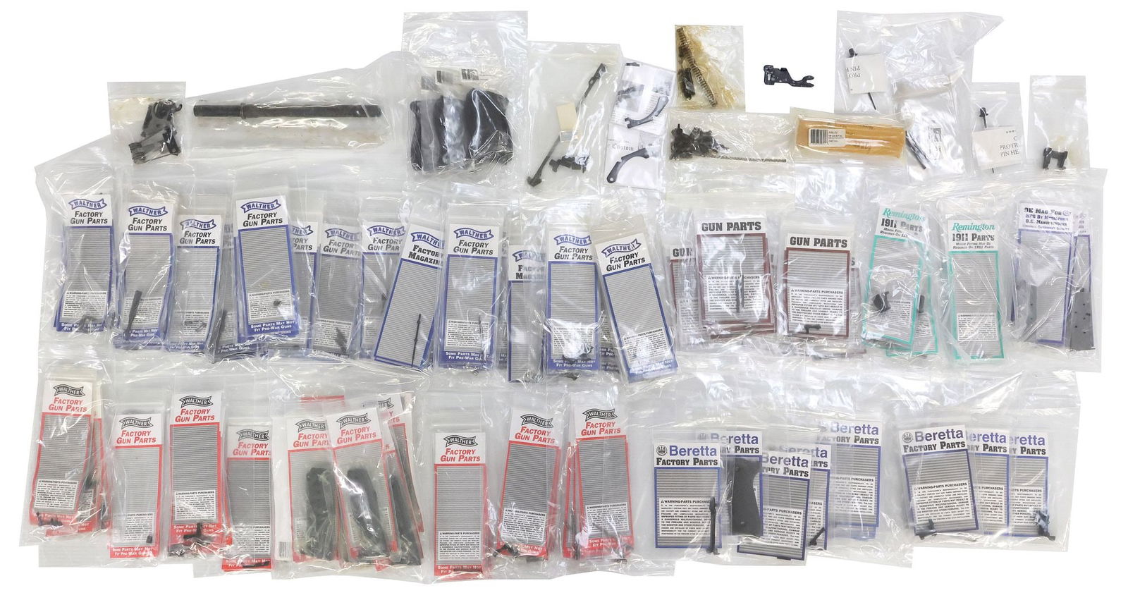 LARGE QUANTIY GUN PARTS NEW IN PACKS, GUNSMITHS: (lot) Large Supply of Gun Parts, many suitable for Gun Smiths, new in packaging except for a few, include Colt, Beretta, Walther and Gun Parts brands, below is a small sample: (6) Remi