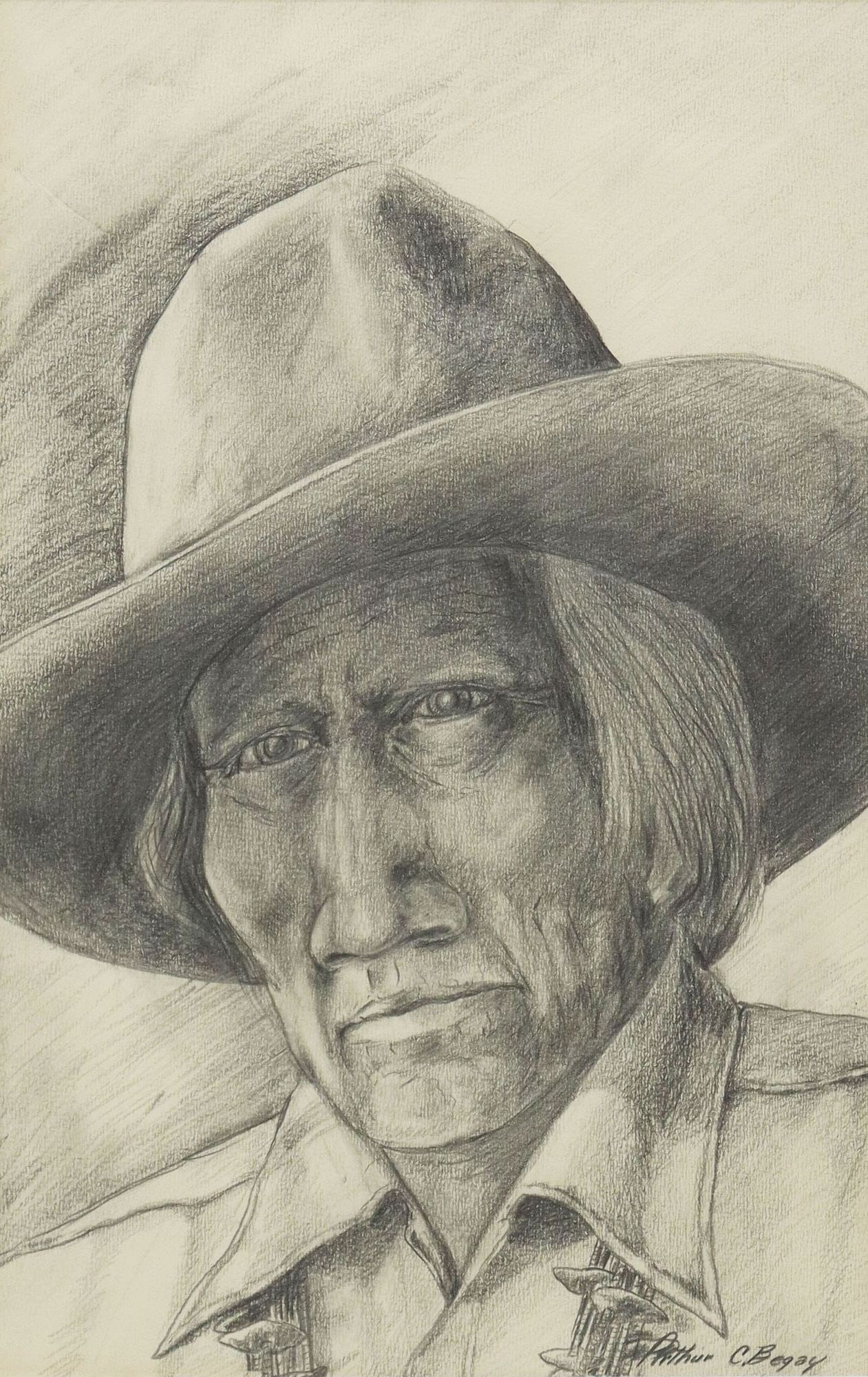 ARTHUR C. BEGAY (1932-2010) PENCIL DRAWING NAVAJO ELDER: Framed pencil drawing on paper, Navajo Elder, signed lower right Arthur C. Begay (Navajo/ Dine, 1932-2010), sight: approx 16.75"h, 10.75"w, overall: 23.5"h, 19.5"w, 6lbs