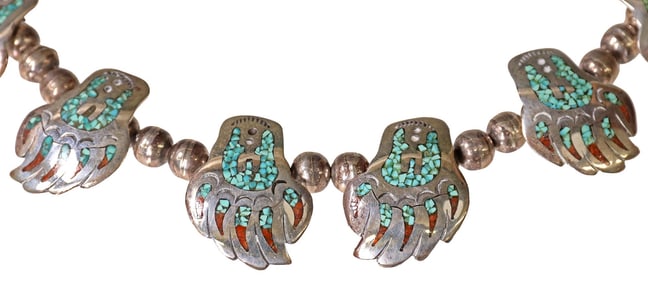 NATIVE AMERICAN NAVAJO SILVER & TURQUOISE INLAID BEAR CLAW NECKLACE