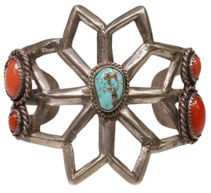 NATIVE AMERICAN TURQUOISE & RED CORAL STERLING SILVER STAR CUFF