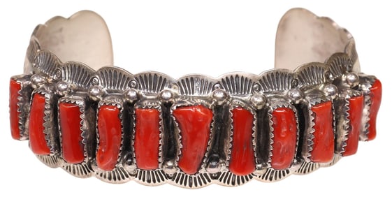 JOE PAUL NAVAJO STERLING SILVER & RED CORAL CUFF BRACELET
